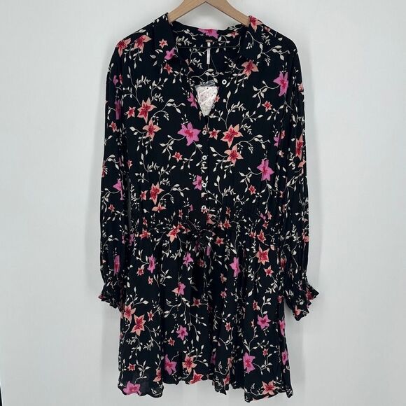 Free people dress womens large lighten up black floral boho prairie feminine nwt - Picture 2 of 11